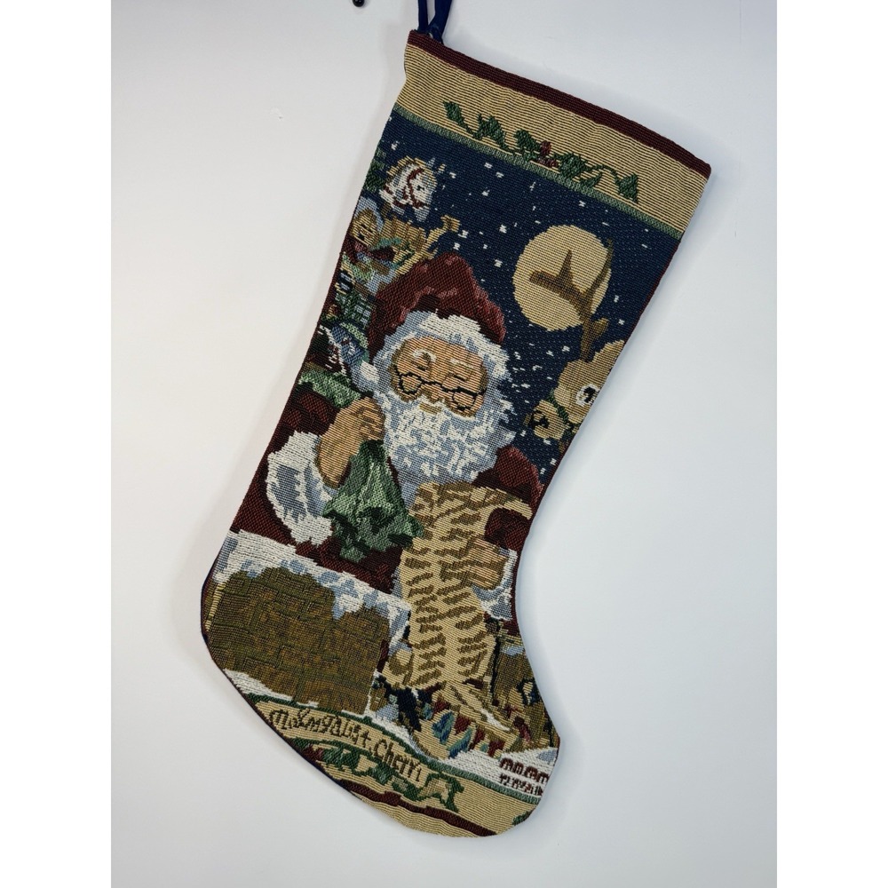 VTG Tapestry Needlepoint Stocking Santa Checking His‎ List Victorian Christmas
